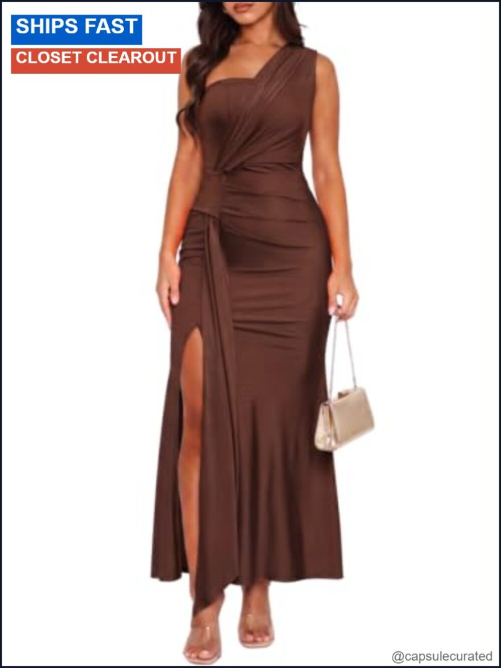 Elegant Sleeveless One Shoulder Bodycon Maxi Dress with High Slit